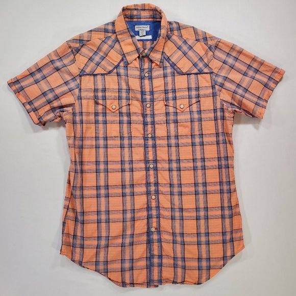 Guess Shirt Mens Medium Light Salmon Plaid Unique Wood Snap Rodeo Cowboy Western - Picture 1 of 15